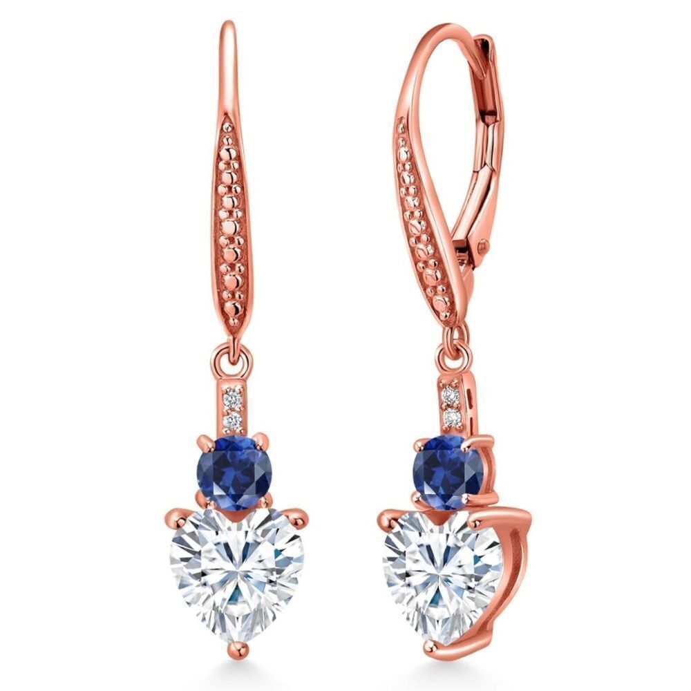18K Rose Gold with 3.13 Cttw Moissanite and Blue Sapphire Heart Drop Earrings